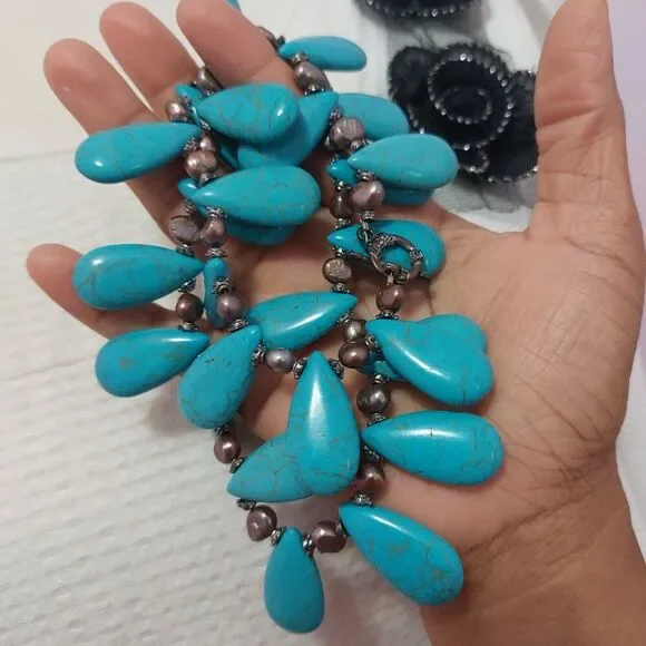 SOLD Teardrop Howlite Turquoise Purple Freshwater Pearl Fringed Collar Necklace - Picture 6 of 7